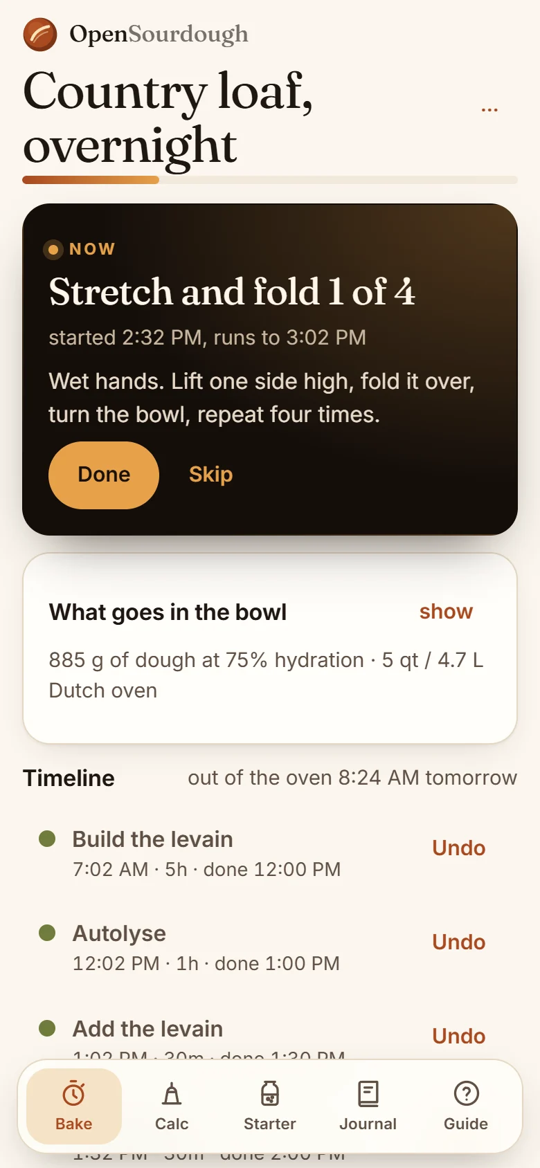 The Bake tab mid-bake: the current step, stretch and fold 2 of 4, with its timeline below