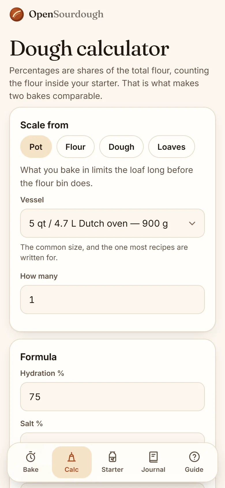 The Calc tab: a 5 quart Dutch oven sized formula with grams to weigh out