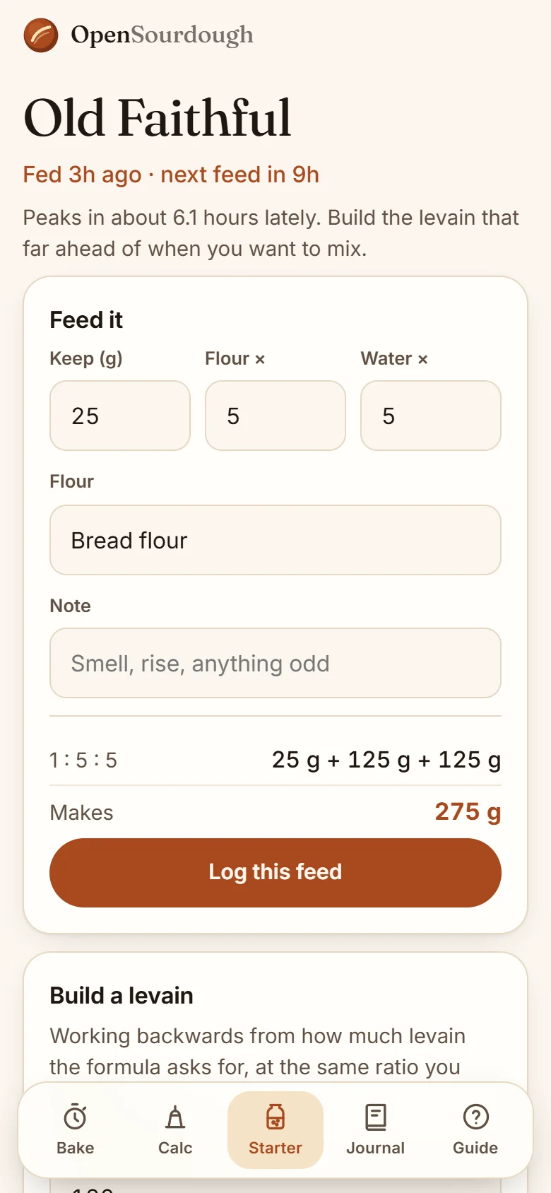 The Starter tab: recent feeds with how long each took to peak