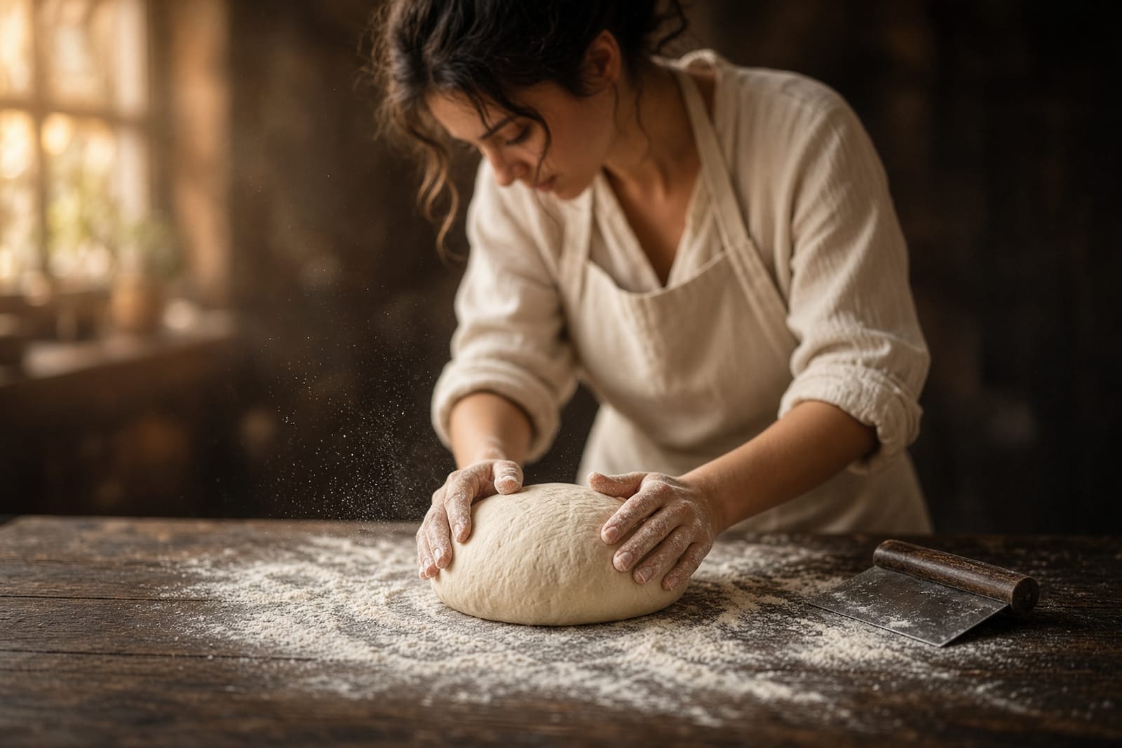 A baker shaping a round of dough on a floured wooden bench
