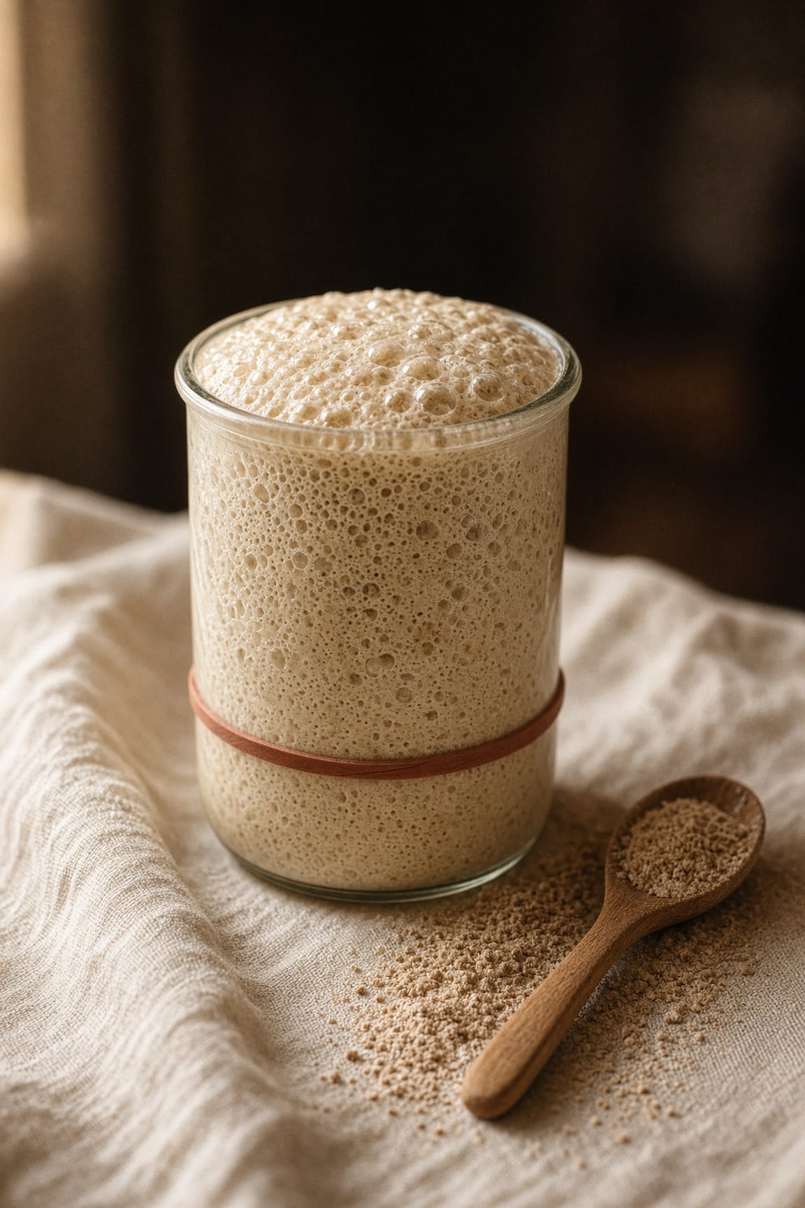 A glass jar of bubbly sourdough starter, risen well past the rubber band marking where it started